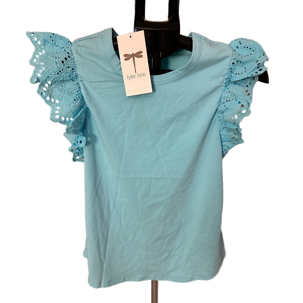 NWT TYLER BOE BLUE RUFFLE SHORT SLEEVE EYELET TOP
